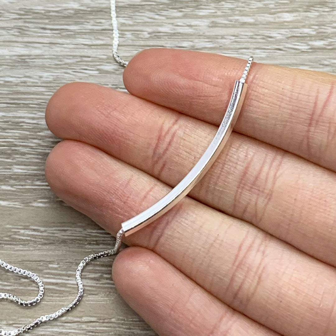 Keep Smiling Card, Curved Tube Necklace, Balance Bar Necklace Sterling Silver, Minimalist Jewelry, Cheer Up Gift, Dainty Necklace
