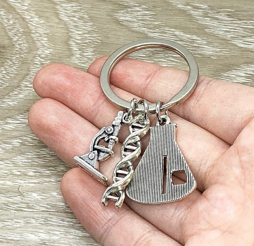 Chemistry Keychain, Chemist Gift, Student Gift, Microscope Charm, Science Teacher Gift, Beaker Charm, Science Keychain