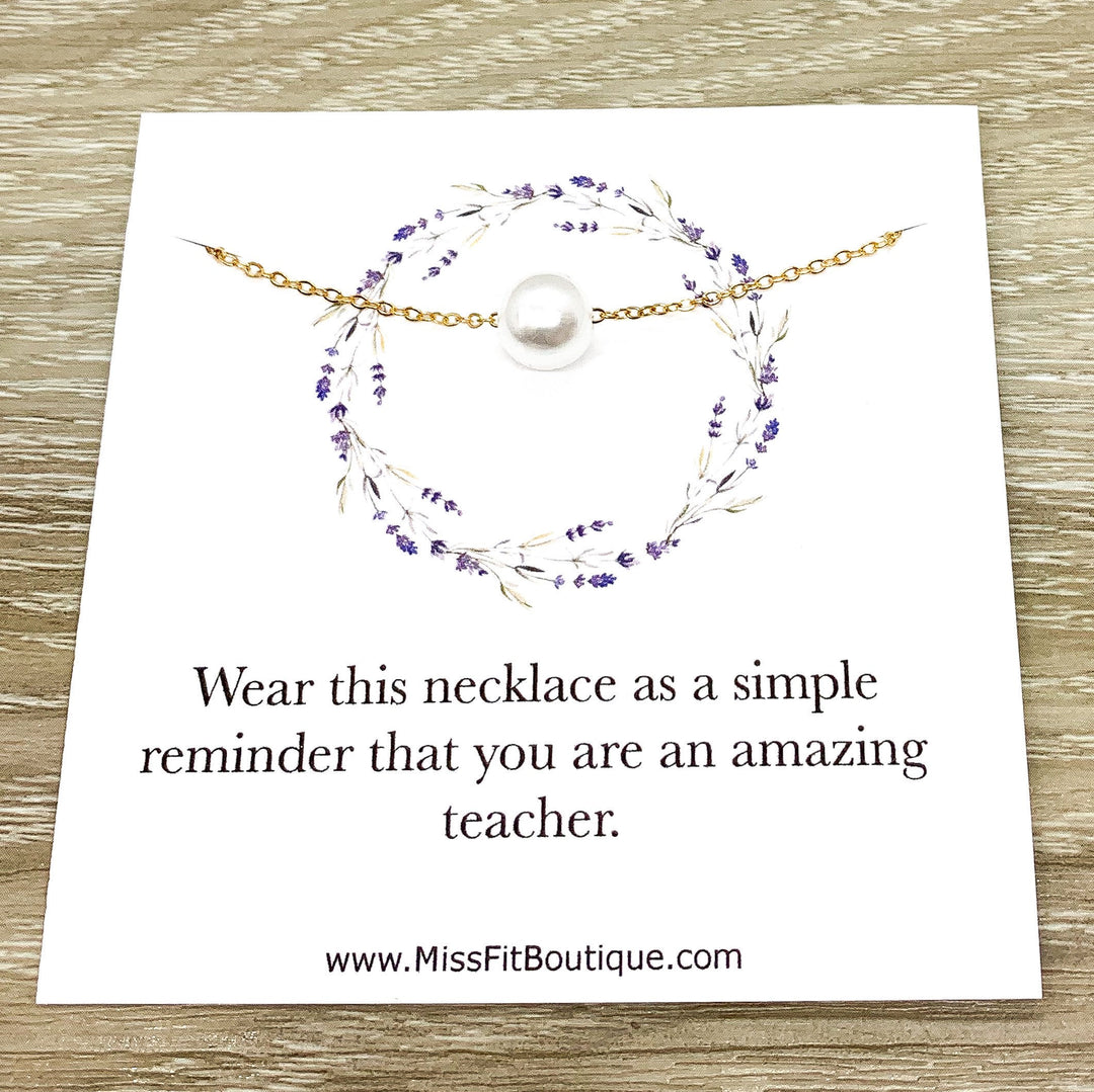Amazing Teacher Gift, Floating Pearl Necklace, Gift from Student, Teacher Appreciation Gift, Thank You Gift, Simple Reminder Card
