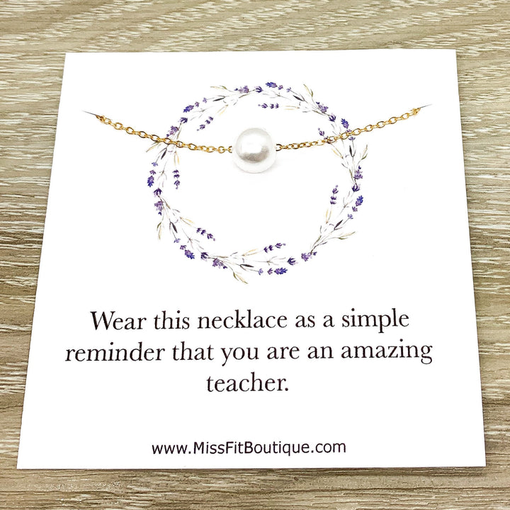 Amazing Teacher Gift, Floating Pearl Necklace, Gift from Student, Teacher Appreciation Gift, Thank You Gift, Simple Reminder Card