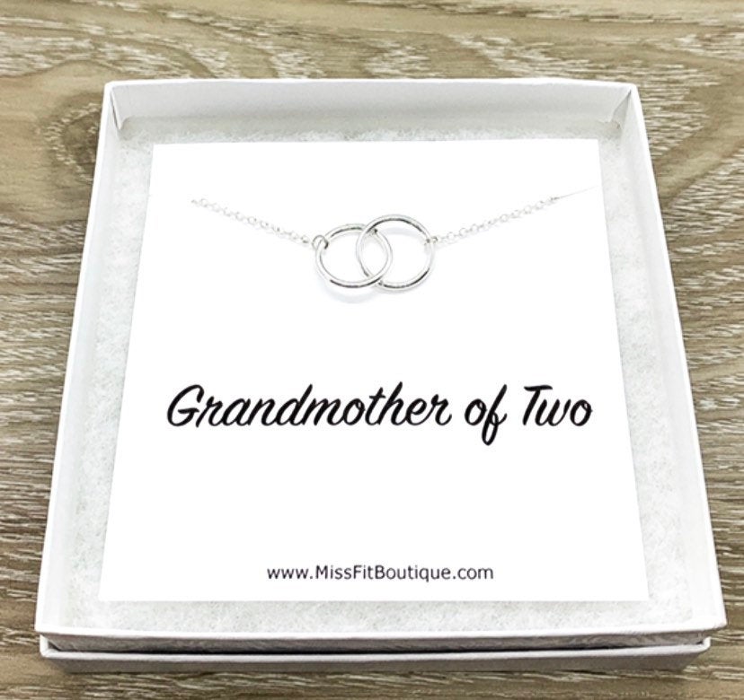 Grandmother of Two Necklace with Card, Linked Circles Necklace, 2 Circle Pendants, Gift for Grandma from Grandkids, Gift for Nana