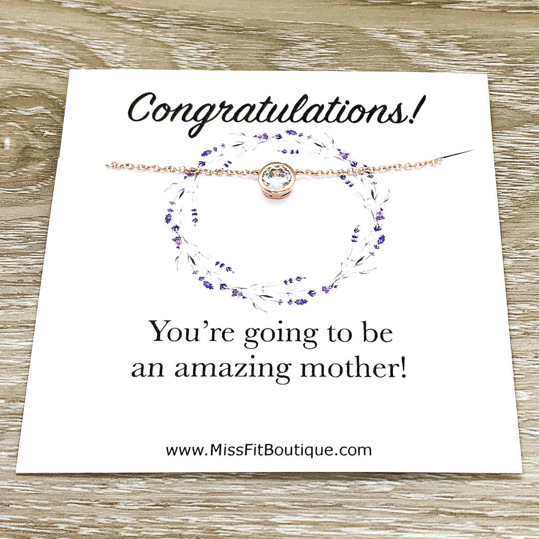 New Baby Gift, Congratulations Card, Tiny Round Crystal Necklace, Rose Gold Solitaire Pendant, New Mama Gift, Amazing Mother, Pregnancy