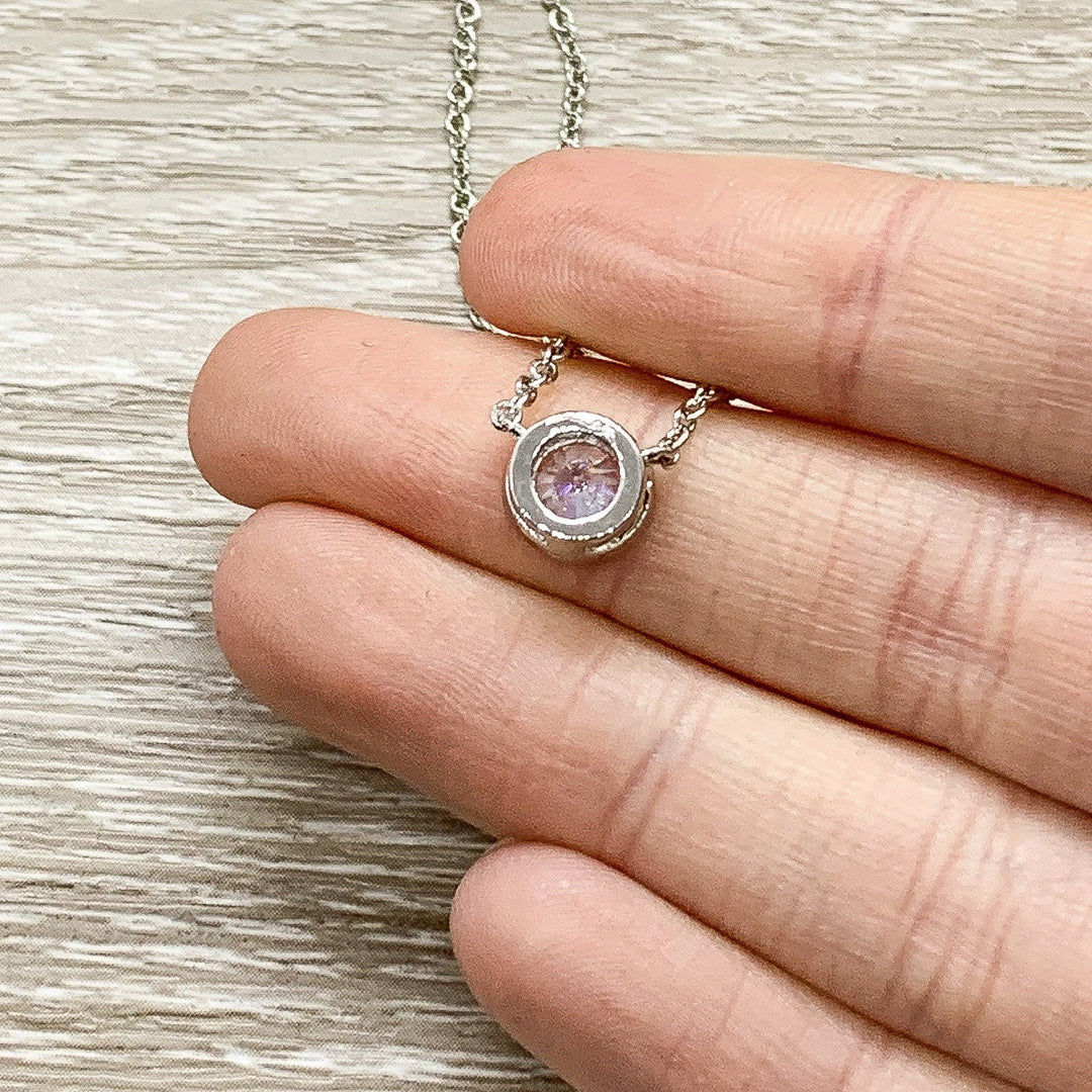 New Baby Gift, Congratulations Card, Tiny Round Crystal Necklace, Silver Solitaire Rhinestone Pendant, New Mama Gift, Pregnancy Gift