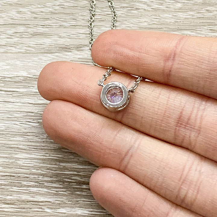 New Baby Gift, Congratulations Card, Tiny Round Crystal Necklace, Silver Solitaire Rhinestone Pendant, New Mama Gift, Pregnancy Gift
