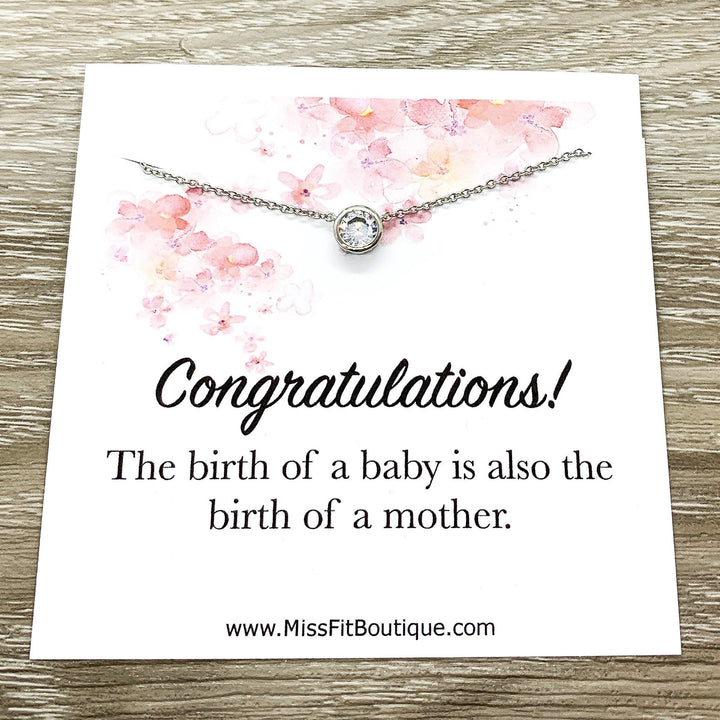 New Baby Gift, Congratulations Card, Tiny Round Crystal Necklace, Silver Solitaire Rhinestone Pendant, New Mama Gift, Pregnancy Gift