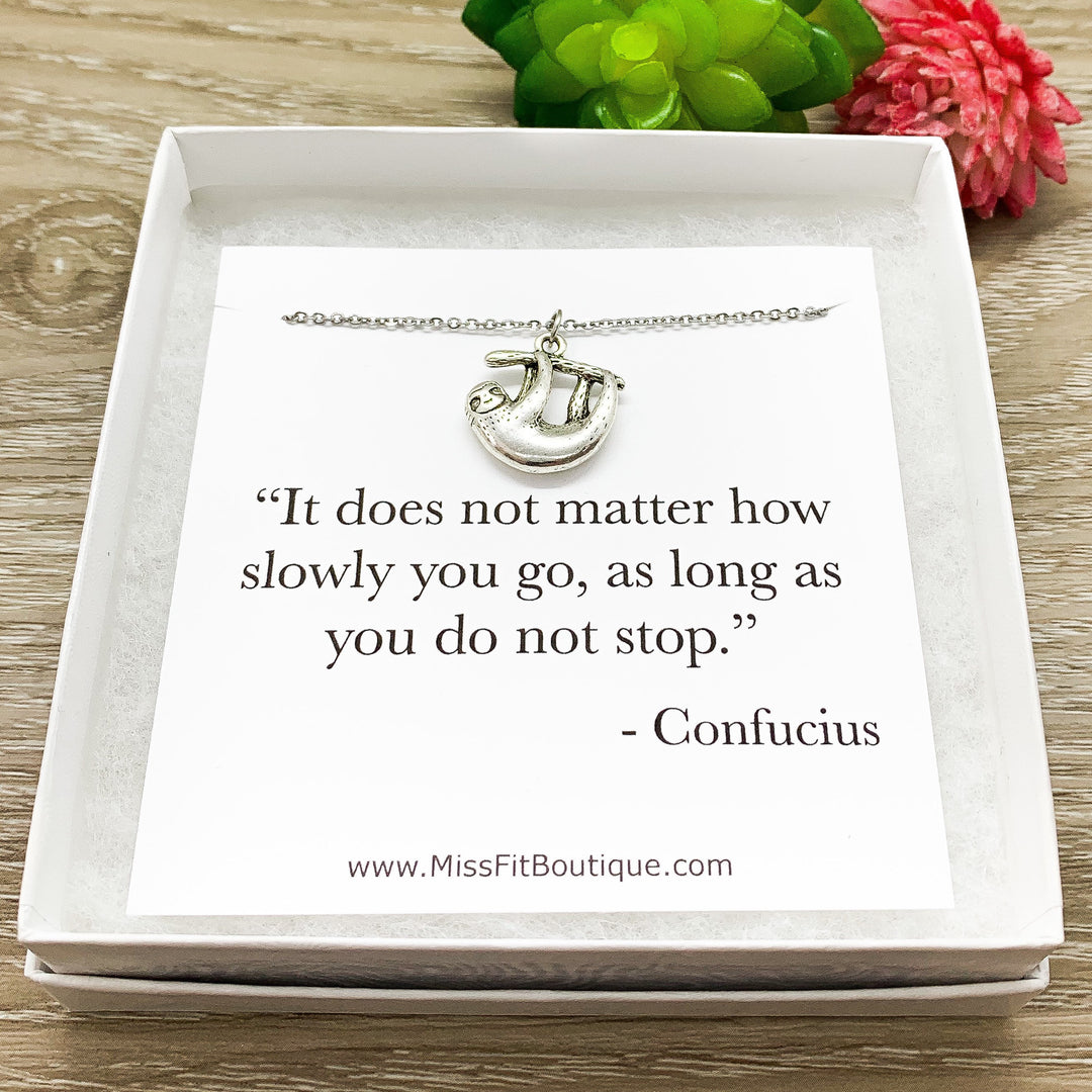 Sloth Necklace, Dainty Silver Sloth Pendant, Animal Lover Jewelry, Cute Necklace, Unique Jewelry, Gift for Daughter, Inspirational Quote