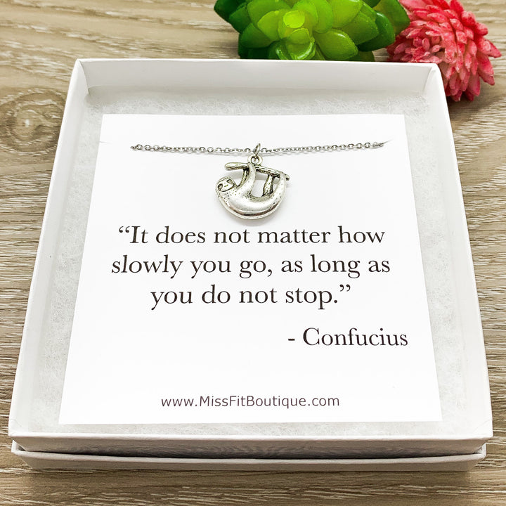 Sloth Necklace, Dainty Silver Sloth Pendant, Animal Lover Jewelry, Cute Necklace, Unique Jewelry, Gift for Daughter, Inspirational Quote