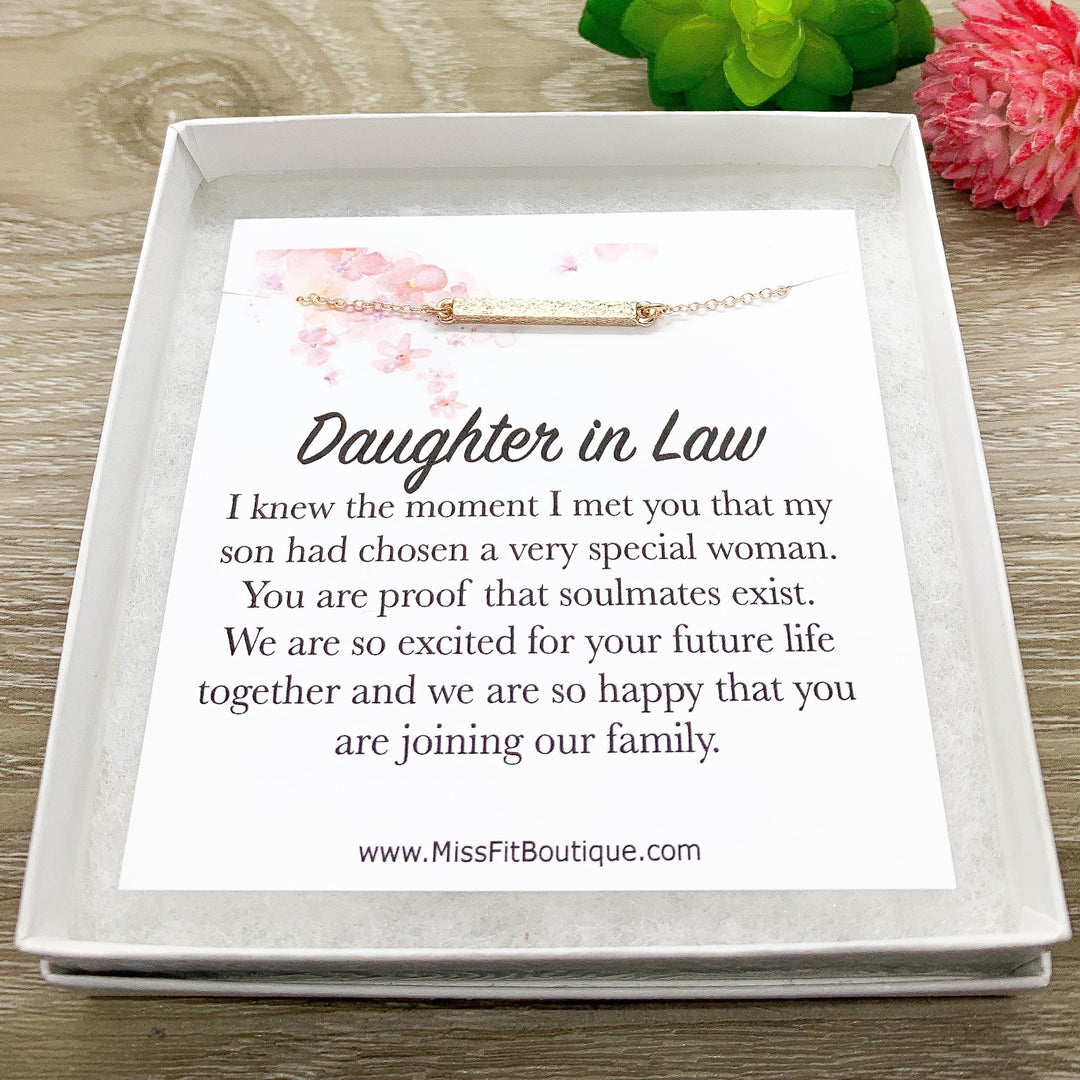 Daughter in Law Necklace, Rose Gold Bar Necklace, Gift for Bride from Mother of the Groom, Meaningful Jewelry, Gift from Mother in Law