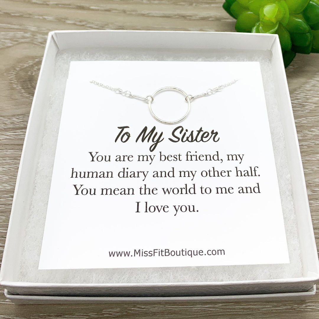 To My Sister Card, Sterling Silver Circle Necklace, Circular Pendant, Circular Jewelry, Unbiological Sister Gift, Birthday Gift from Sister