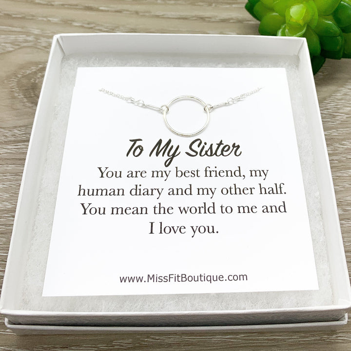 To My Sister Card, Sterling Silver Circle Necklace, Circular Pendant, Circular Jewelry, Unbiological Sister Gift, Birthday Gift from Sister