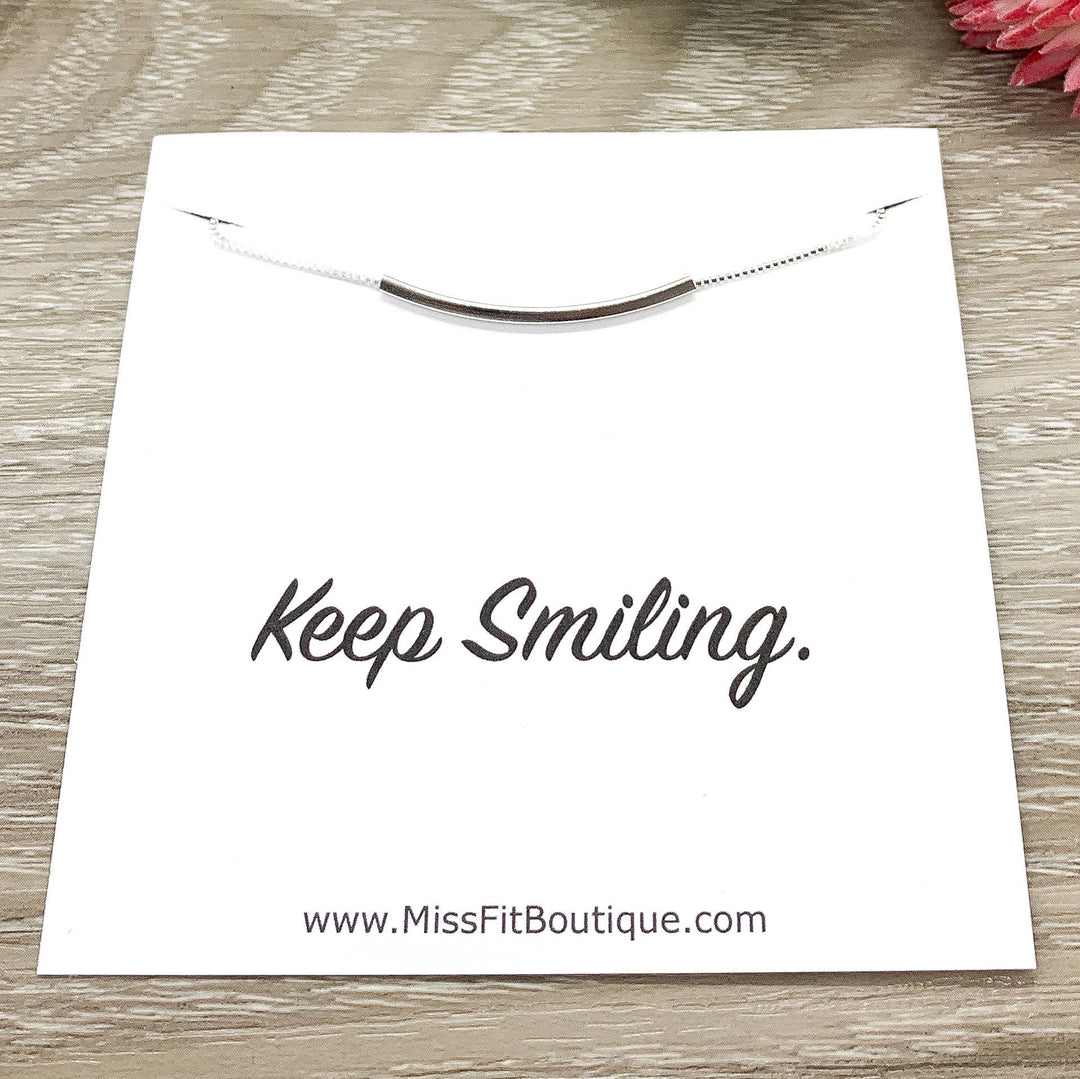 Keep Smiling Card, Curved Tube Necklace, Balance Bar Necklace Sterling Silver, Minimalist Jewelry, Cheer Up Gift, Dainty Necklace