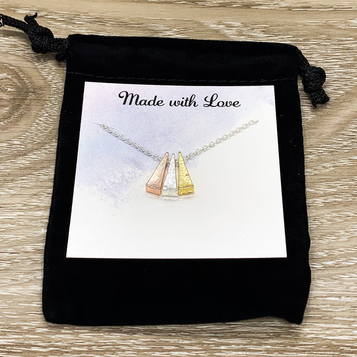 Three Generations Gift, Tri-Tone Triangle Necklace, Granddaughter Mother Grandmother, Grandma Necklace, Gift from Granddaughter
