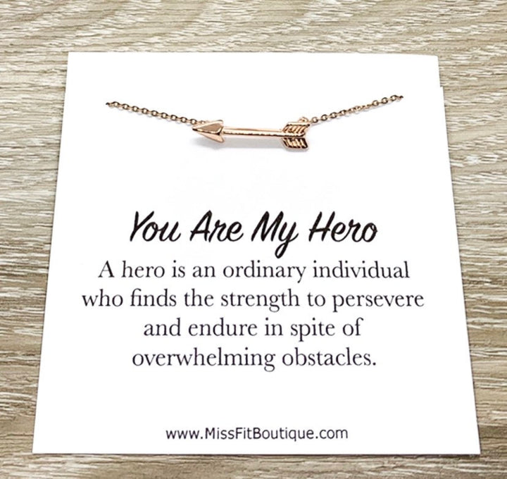 You Are My Hero, Arrow Necklace with Card, Inspirational Quote, Strength Necklace, Tiny Arrow Pendant, Gift for Mother, Motivational Gift