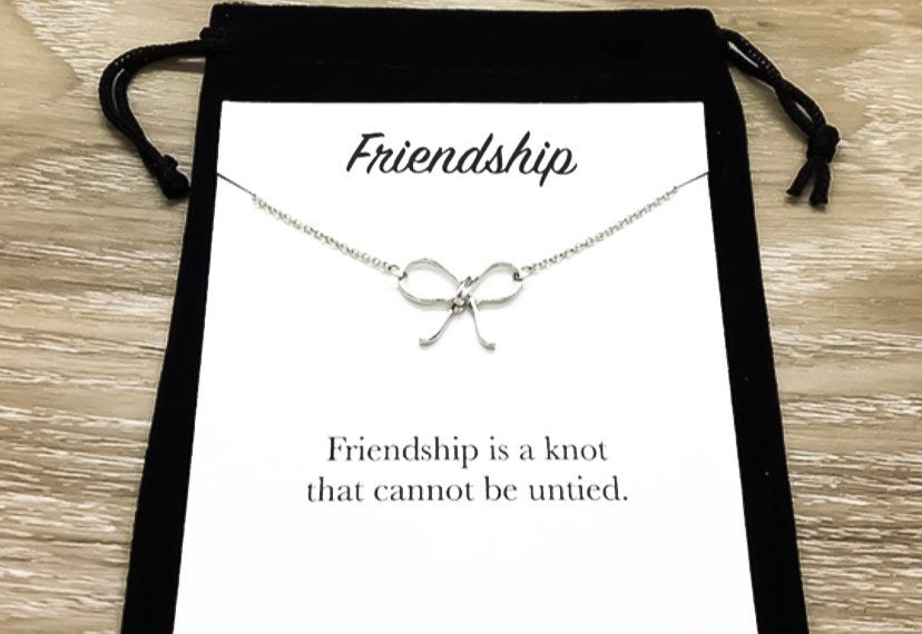 Friendship Knot Card, Bow Necklace Silver, Friendship Necklace, Gift for Bestie, BFF Necklace, Best Friend Christmas Gift, Soul Sister Gift