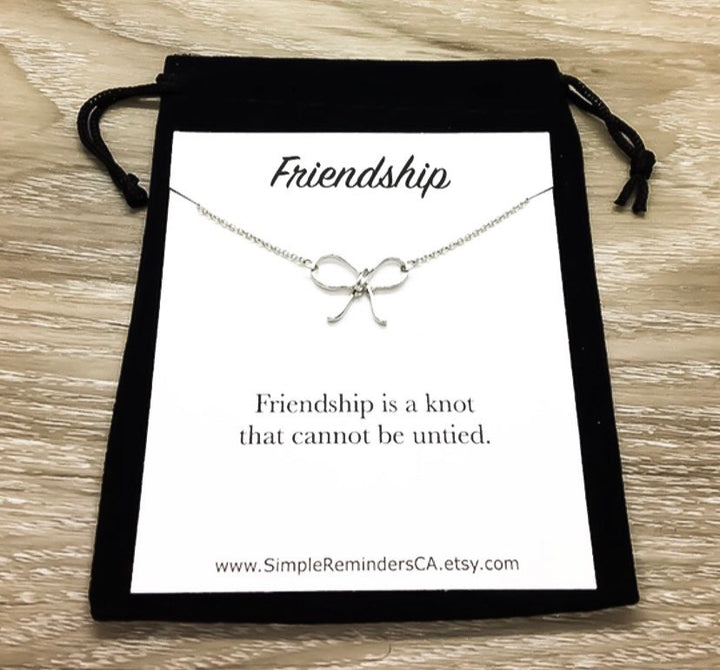 Friendship Knot Card, Bow Necklace Silver, Friendship Necklace, Gift for Bestie, BFF Necklace, Best Friend Christmas Gift, Soul Sister Gift