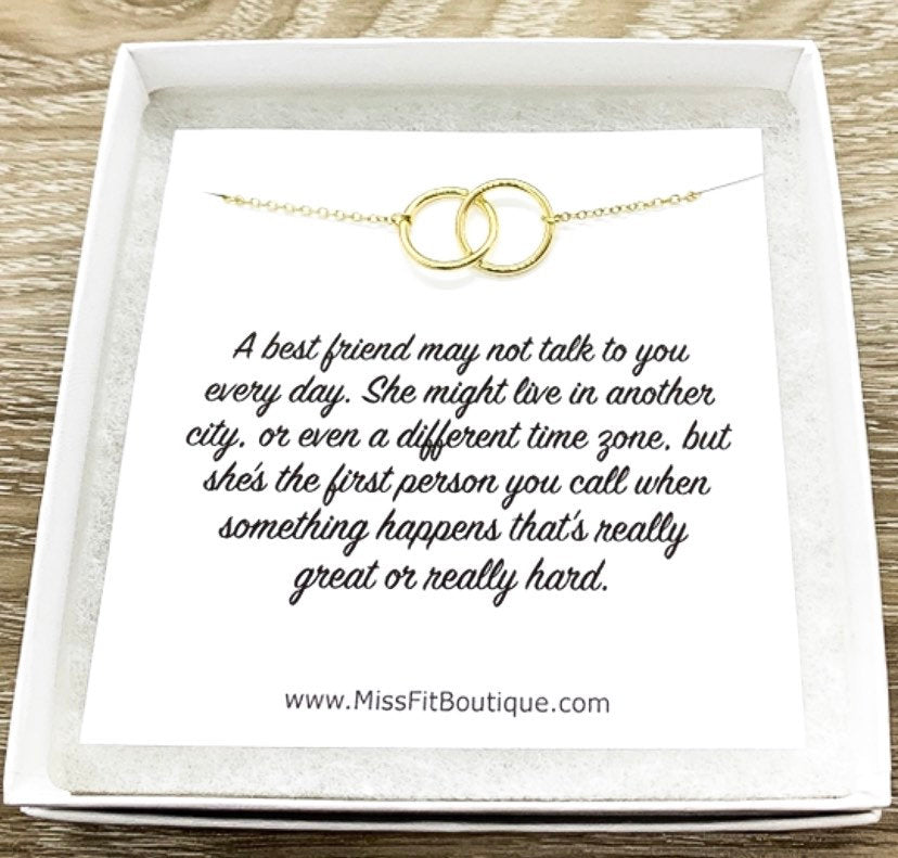 Best Friends Necklace with Gift Box, Linked Circles Necklace, 2 Circle Pendants, Personalized Card, Gift for Bestie, Friend Christmas
