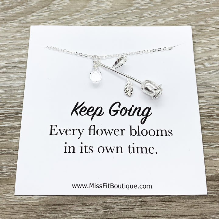 Rose Necklace, Sterling Silver Flower Jewelry, Keep Going Card, Floral Jewelry, Uplifting Gift, Gift from Friend, Meaningful Gift for Her