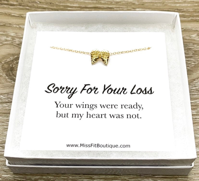 Tiny Angel Wings Necklace, Sorry For Your Loss Card, Grief Jewelry, Loss of Parent, Miscarriage Necklace, Loss of a Mom, Remembrance Gift