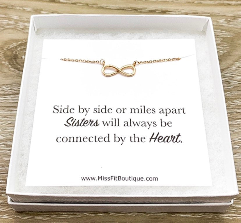 Dainty Infinity Necklace, Side by Side Card, Eternity Pendant, Gift for Sister, Infinity Necklace, Long Distance Gift for Women, Sister Gift