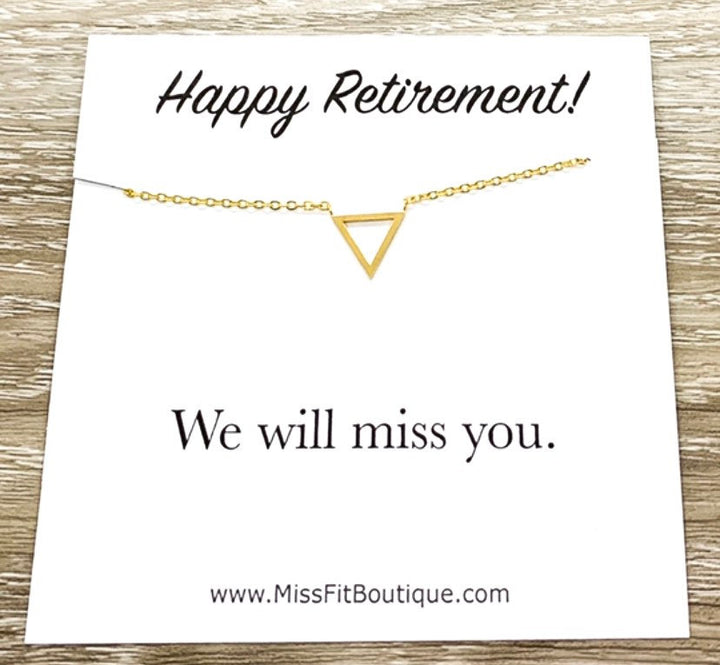 Happy Retirement Card, Tiny Triangle Necklace, Dainty Pendant, New Beginning Gift, Necklace for Women,  Friend Gift, Layering Necklace