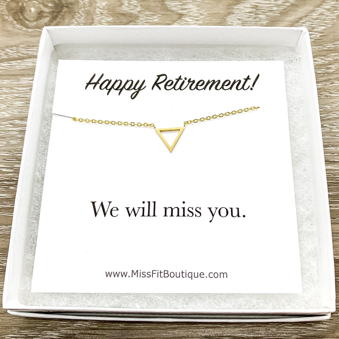 Happy Retirement Card, Tiny Triangle Necklace, Dainty Pendant, New Beginning Gift, Necklace for Women,  Friend Gift, Layering Necklace