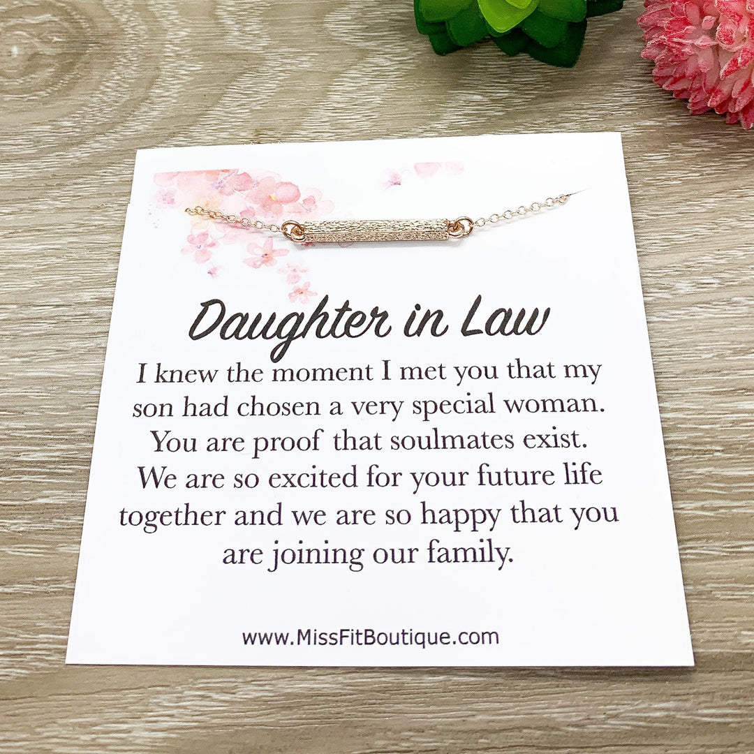 Daughter in Law Necklace, Rose Gold Bar Necklace, Gift for Bride from Mother of the Groom, Meaningful Jewelry, Gift from Mother in Law
