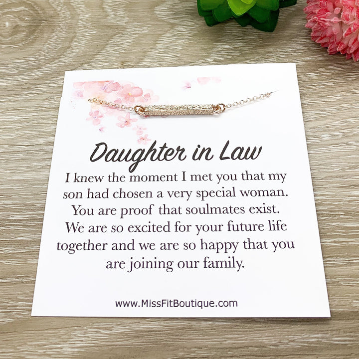 Daughter in Law Necklace, Rose Gold Bar Necklace, Gift for Bride from Mother of the Groom, Meaningful Jewelry, Gift from Mother in Law