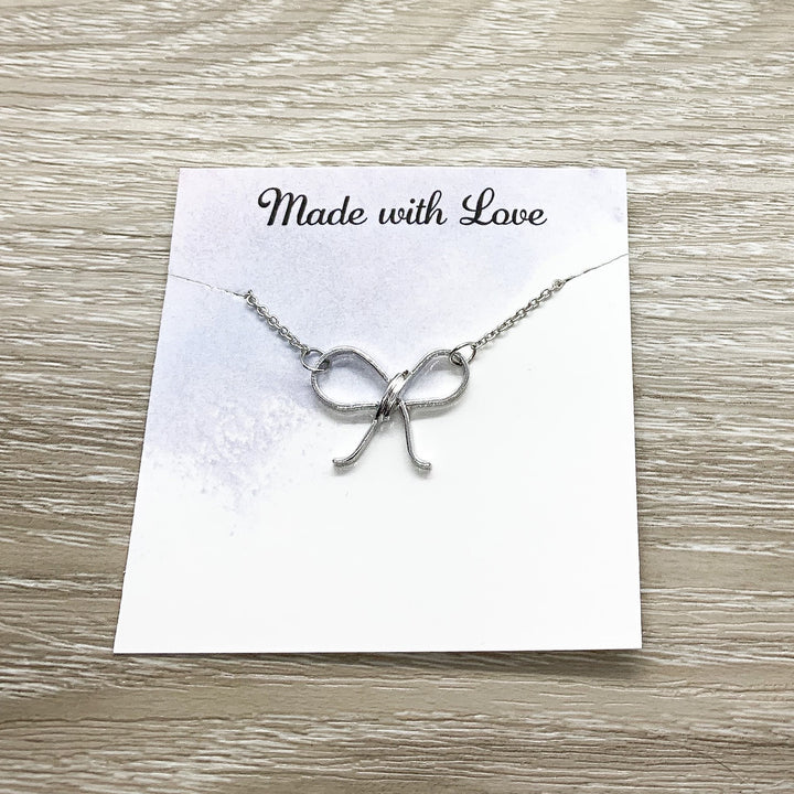 Friendship Knot Card, Bow Necklace Silver, Friendship Necklace, Gift for Bestie, BFF Necklace, Best Friend Christmas Gift, Soul Sister Gift