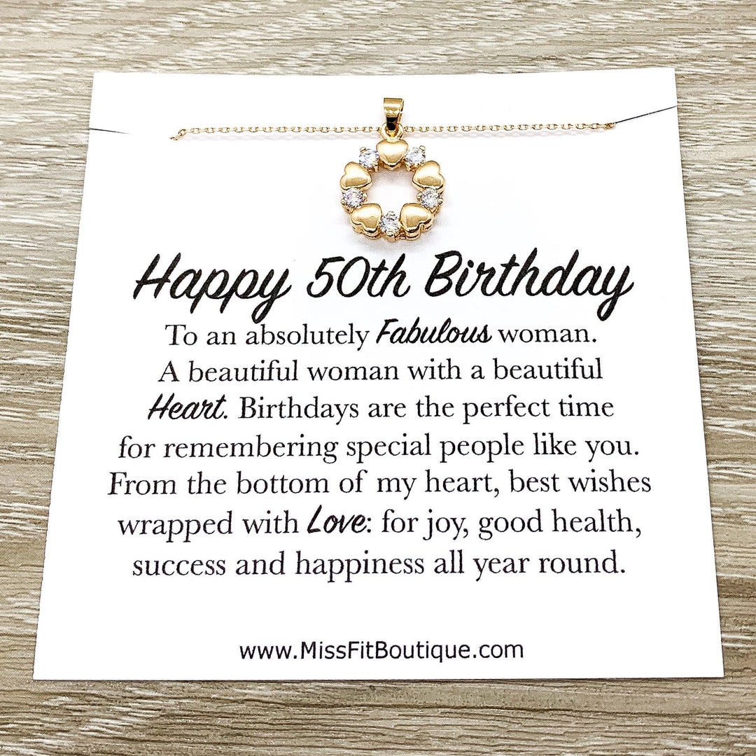 Happy 50th Birthday Gift, 5 Hearts Wreath Necklace, Personalized Card, 50th Birthday Gift for Women, Fifty and Fabulous Jewelry Gift, Golden