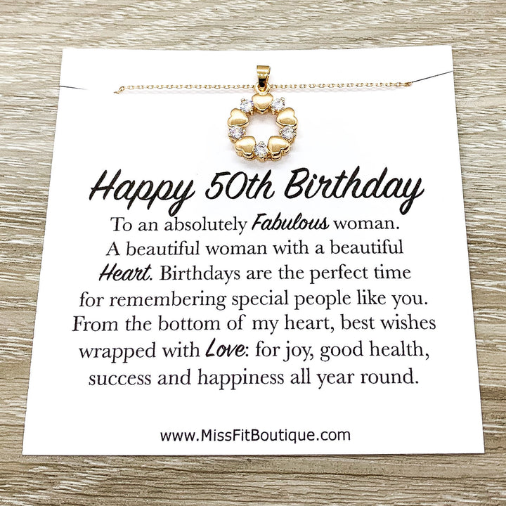 Happy 50th Birthday Gift, 5 Hearts Wreath Necklace, Personalized Card, 50th Birthday Gift for Women, Fifty and Fabulous Jewelry Gift, Golden