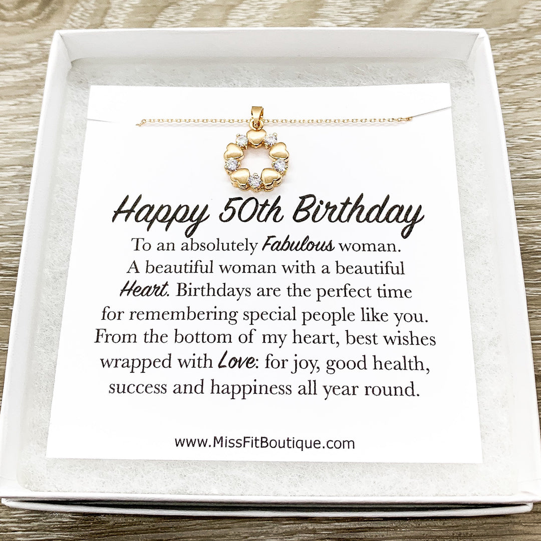 Happy 50th Birthday Gift, 5 Hearts Wreath Necklace, Personalized Card, 50th Birthday Gift for Women, Fifty and Fabulous Jewelry Gift, Golden