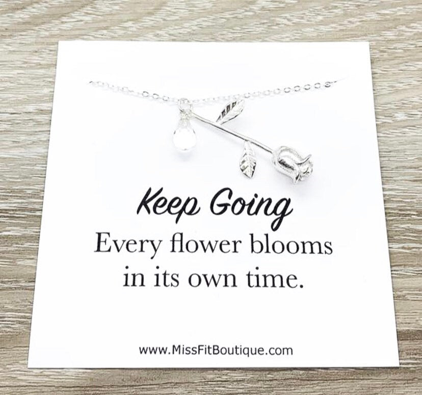 Rose Necklace, Sterling Silver Flower Jewelry, Keep Going Card, Floral Jewelry, Uplifting Gift, Gift from Friend, Meaningful Gift for Her