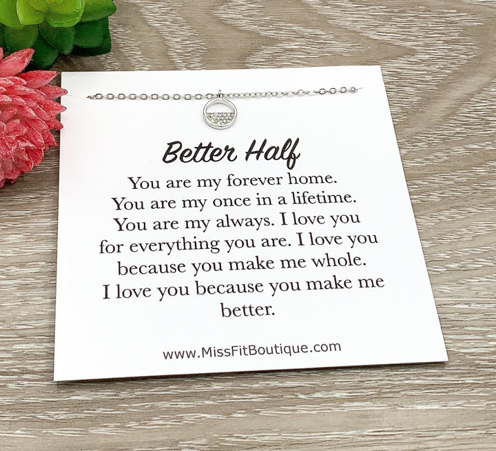 Better Half Card, Wife Necklace, Sterling Silver Solitaire Pendant, Round CZ Necklace, Anniversary Gift from Husband, Girlfriend Christmas