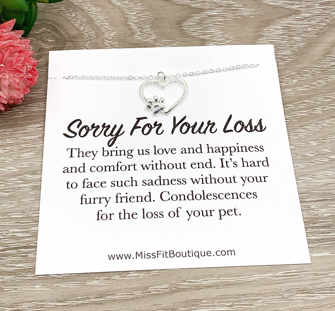 Paw Print Necklace Silver, Sorry for Your Loss Card, Pet Memorial Gift, Loss of Pet Necklace, Remembrance Jewelry for Women, Dog Owner Gift