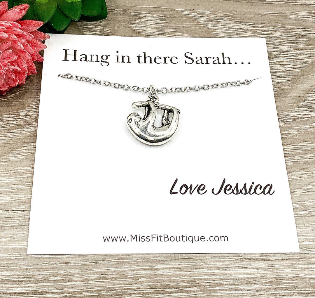 Hang In There Card, Sloth Necklace Silver, Dainty Sloth Jewelry, Animal Lover Gift, Cute Necklace, Uplifting Gift, Personalized Card for Her
