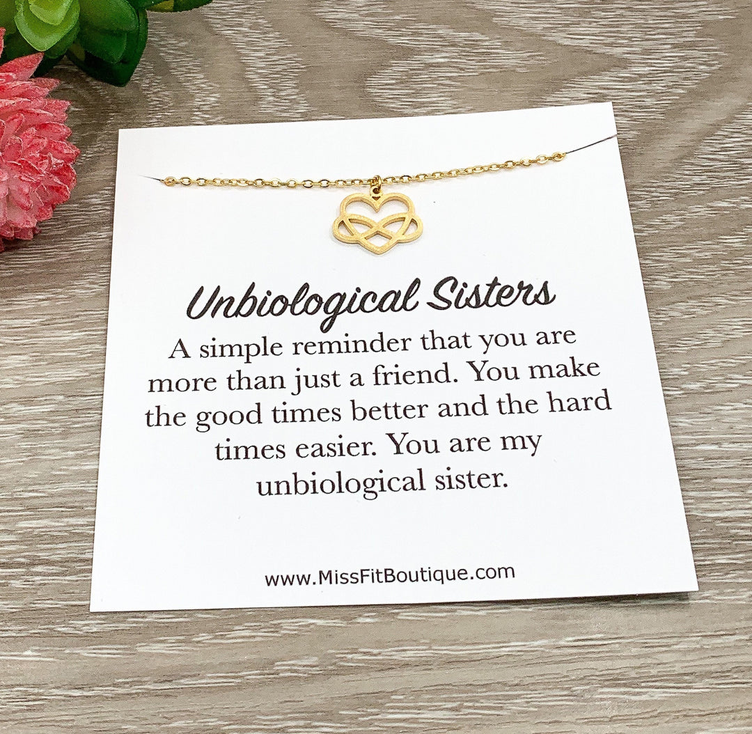 Unbiological Sister Gift, Heart Necklace, Bonus Sister Gift, Infinity Necklace, Gift from Sister, Sorority Jewelry, Going Away Gift, Bestie
