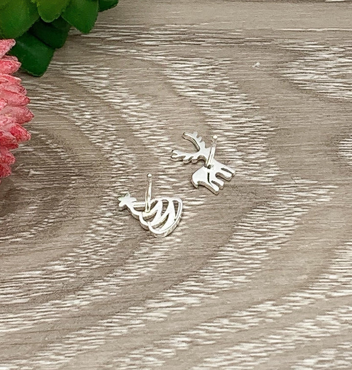 Tiny Christmas Stud Earrings, Reindeer Earrings, Sterling Silver Jewelry, Holiday Jewelry, Asymmetric Earrings, Stocking Stuffer for Her