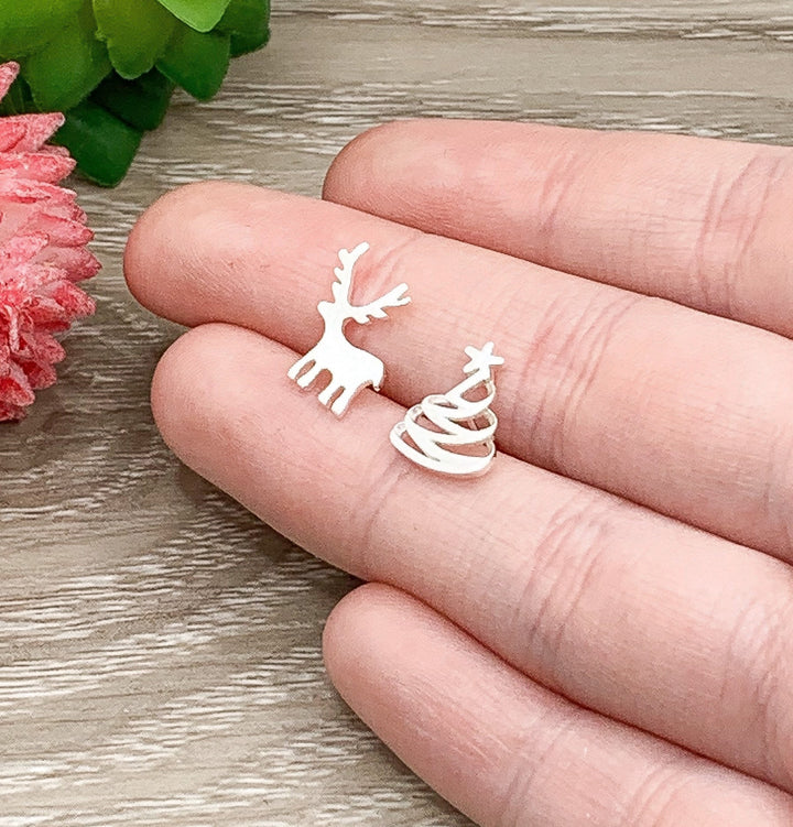 Tiny Christmas Stud Earrings, Reindeer Earrings, Sterling Silver Jewelry, Holiday Jewelry, Asymmetric Earrings, Stocking Stuffer for Her