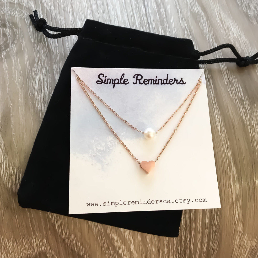 Rose Gold Layered Necklace, Dainty Gold Necklace, Tiny Heart Pendant, Pearl Pendant, Friendship Necklace, Gift For Her, Birthday, Bestfriend