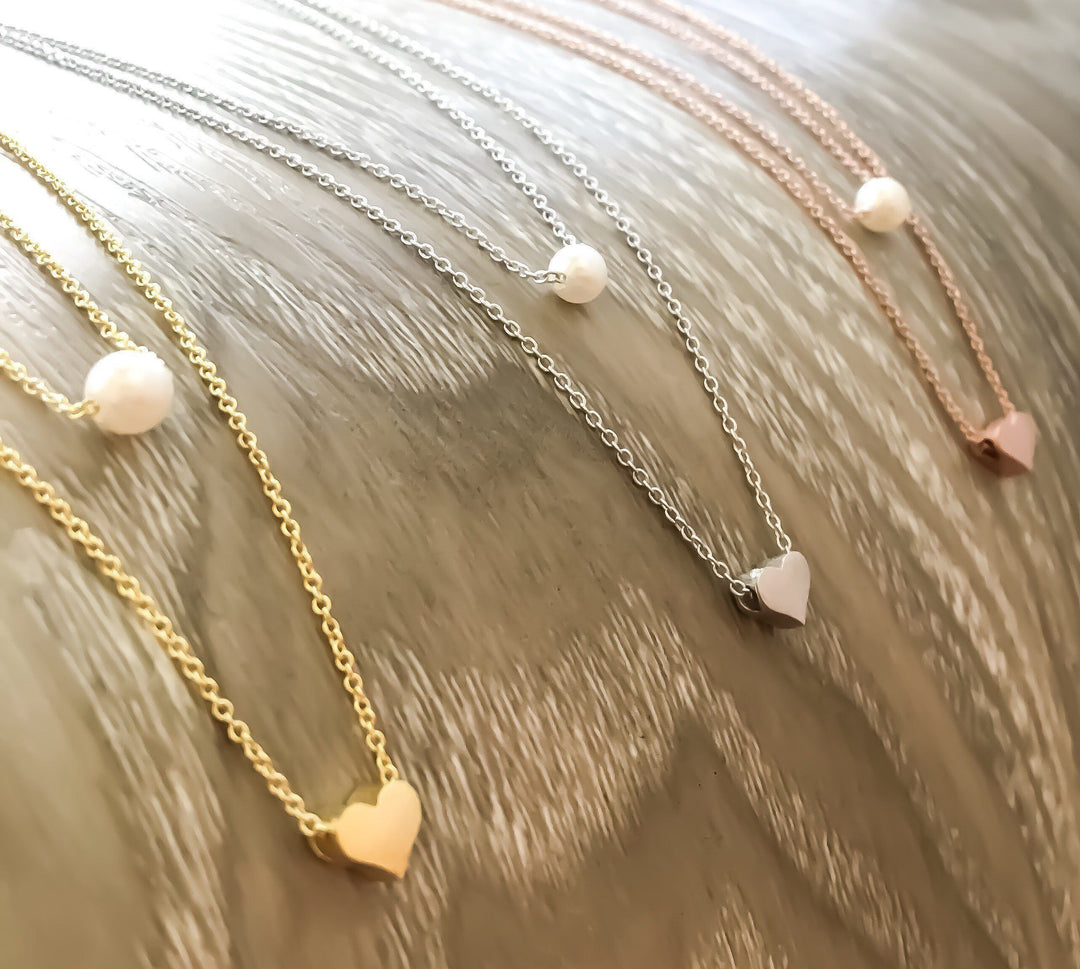 Rose Gold Layered Necklace, Dainty Gold Necklace, Tiny Heart Pendant, Pearl Pendant, Friendship Necklace, Gift For Her, Birthday, Bestfriend